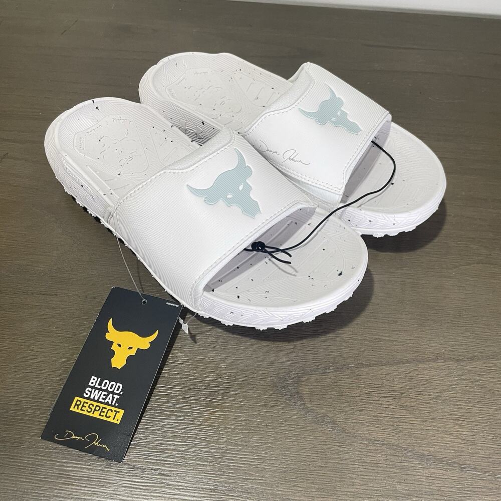 Under Armour Mens Size 7 Slides NEW Project Rock 3 White Halo Grey Womens 8.5